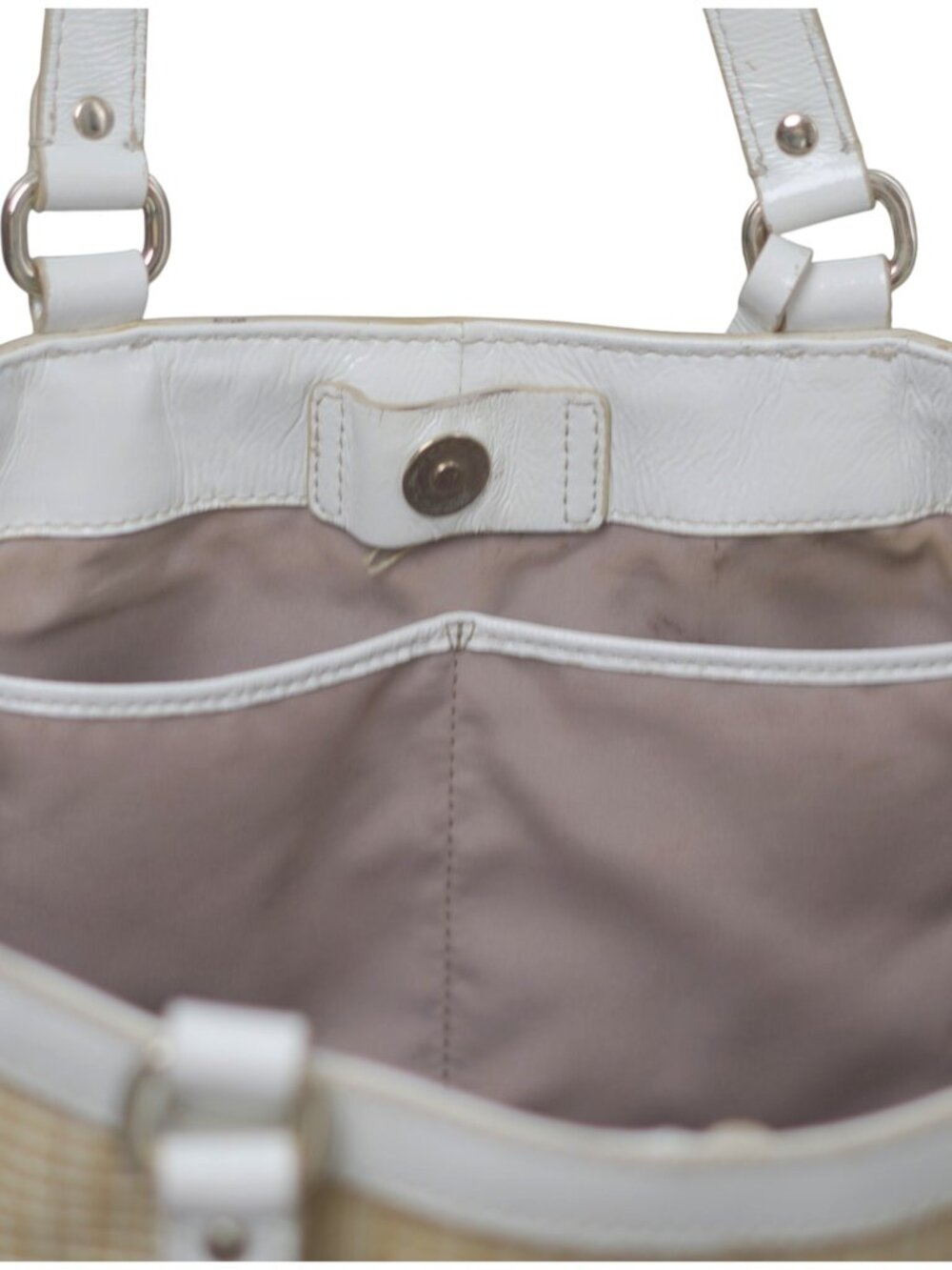Cole Haan Raffia White Patent Leather Tote Floral Charm Summer Bag Beach GUC - Picture 12 of 15